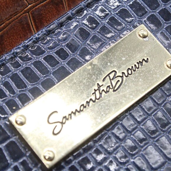 Samantha Brown Dowel Travel Bag Croc Embossed BLUE Brown Weekender Carry On VTG - Picture 12 of 15